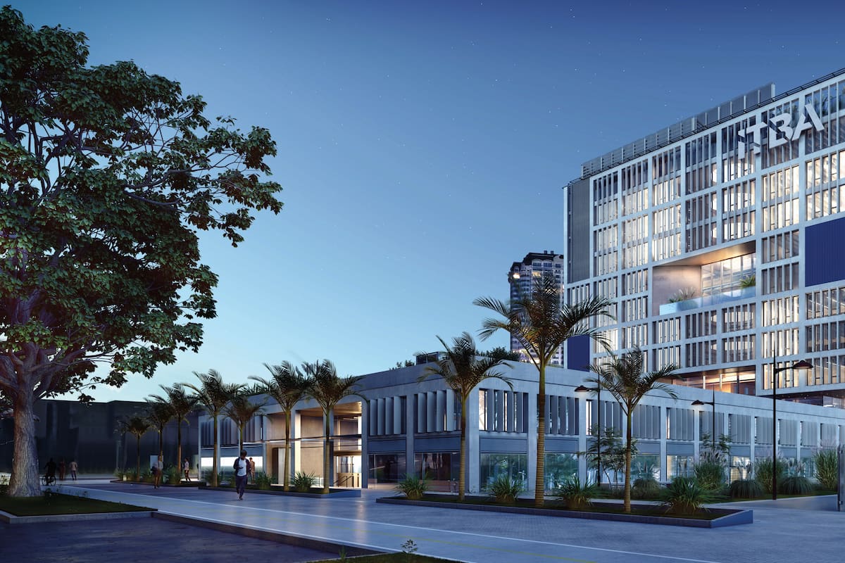 Render de la futura sede ITBA vista desde la avenida Udaondo, en el Parque de la Innovación