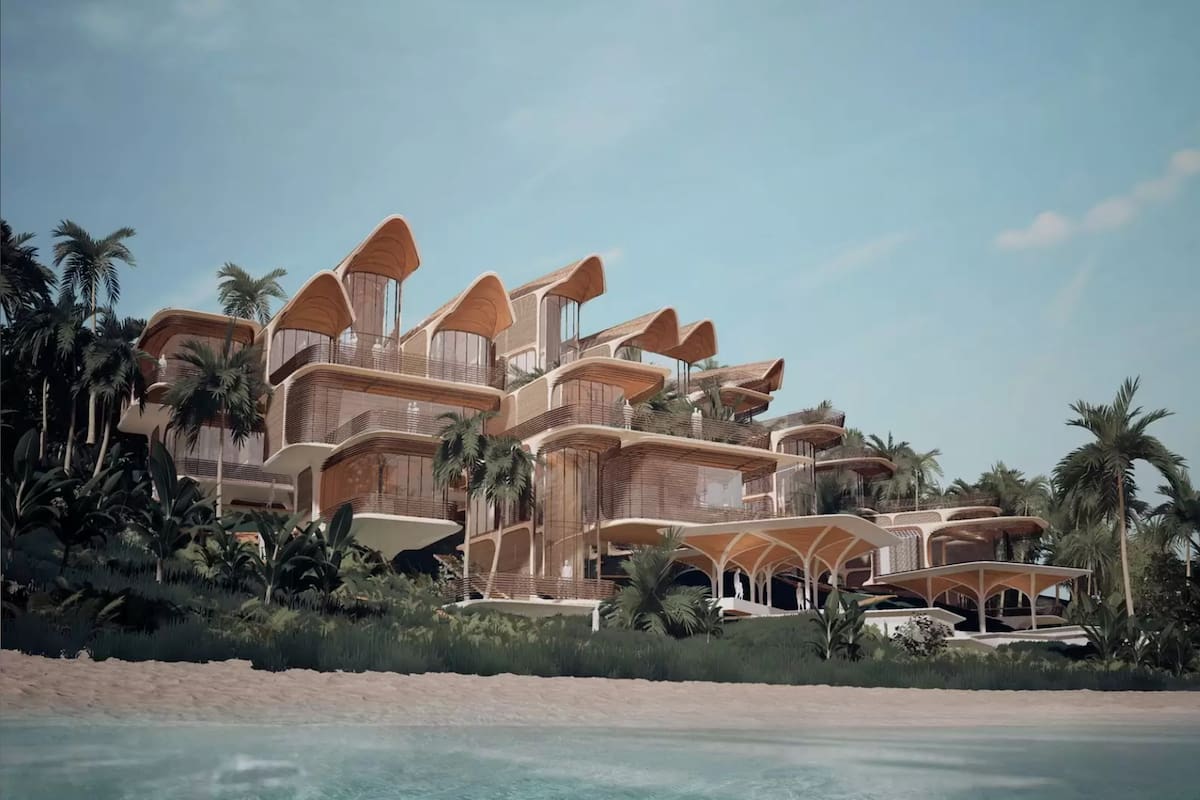 Render de las viviendas de Roatán Próspera en la isla de Roatán en Honduras, por el estudio Zaha Hadid Architects