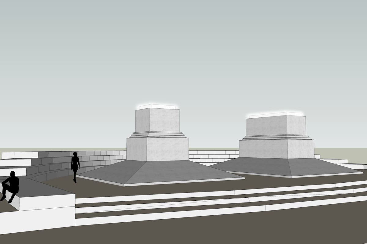 Render del proyecto de Dolores Cáceres, "la plaza de los pedestales vacíos", en homenaje a San Martín y Las Heras