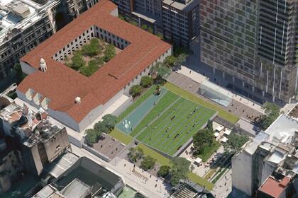 Render del proyecto de edificio y plaza en Reconquista y Córdoba, junto al monasterio