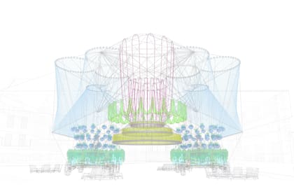 Render y fotografía de Organic Growth, instalación efímera hecha con paraguas y ruedas de bicicletas