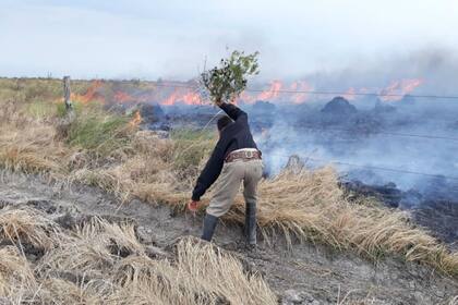 Renzo trata de controlar el fuego para que no se queme el alambrado en un campo de su familia