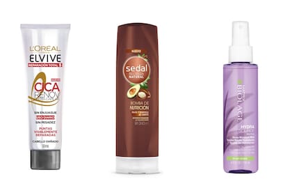 Reparación total 5 pomada, combate las puntas abiertas y reduce el quiebre, Elvive. Acondicionador nutritivo con palta y manteca de karité, $90, Sedal. Dewy Moisture Mist, bruma con aloe vera para cabellos secos, $590, Biolage