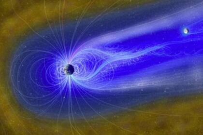 Representación artística de la Luna en la magnetosfera, con el "viento de la Tierra" compuesto por iones de oxígeno (gris) e iones de hidrógeno