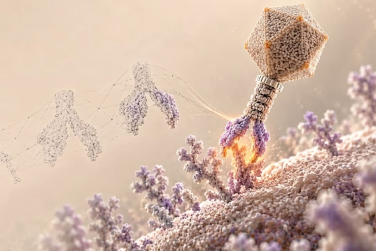 Representación artística de un bacteriófago adhiriéndose a una bacteria. La startup Radical Numerics asegura haber utilizado fagos diseñados mediante inteligencia artificial para intentar combatir una infección resistente a los tratamientos disponibles
