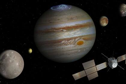 Representación gráfica de la misión del explorador Juice por la lunas de Júpiter.