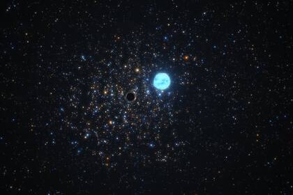 Reproducción artística del agujero negro detectado en NGC 1850 deformando a su estrella compañera