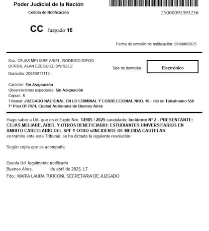 Resolución del Juzgado Nacional en lo Criminal y Correccional N° 16 que establece que los centros de estudiantes en la unidades penitenciarias deberán permanecer abiertos.