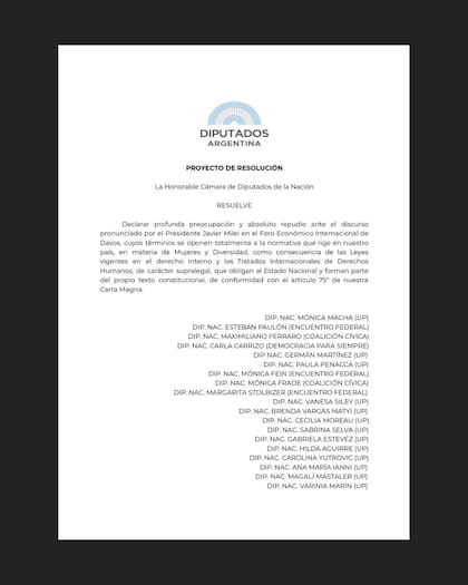 Resolución presentada por diputados opositores contra el presidente Javier Milei