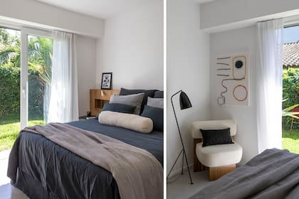Respaldo de la cama de petiribí con nichos integrados (Arq. Sara Plazibat) y luces de lectura amuradas (Lumishop). Ropa de cama (Lote Propio). Mesas de luz ‘Loto’ (Estudio Te) y cuadro sobre el respaldo (Agustín Leiro). En el rincón de lectura, silloncito ‘Pitve’ diseñado por Sara, lámpara de pie (Lumishop) y cuadro bordado (Barbie Schmidt).
