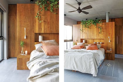 Respaldo y mesas de luz (Faber Carpintería). Ventilador (Martin Martin). Piezas de cerámica (Vero Barg). Alfombra, ropa de cama y almohadones (Missha Deco). Plantas colgantes (¡Más verde, ya!).