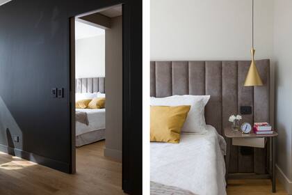 Respaldo y mesas de noche (Walmer) con lámparas colgantes (Fábrica de Luz). Cama con ropa de Home Collection y almohadones (Everything) a tono con las luminarias.