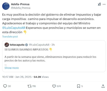 Respuesta de Adefa a Luis Caputo, ministro de Economía