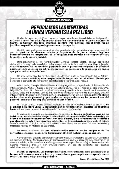 Respuesta de la Junta Interna de la Corte Suprema a las declaraciones del ex administrador Marchi