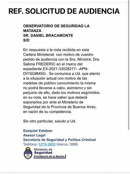 Respuesta del ministerio de Seguridad a los vecinos de La Matanza