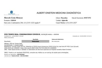 Resultado del test de Covid-19 de Marcelo Menezes