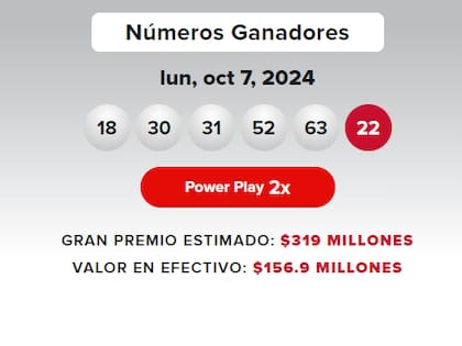 Resultados de la lotería Powerball de este lunes 7 de octubre.