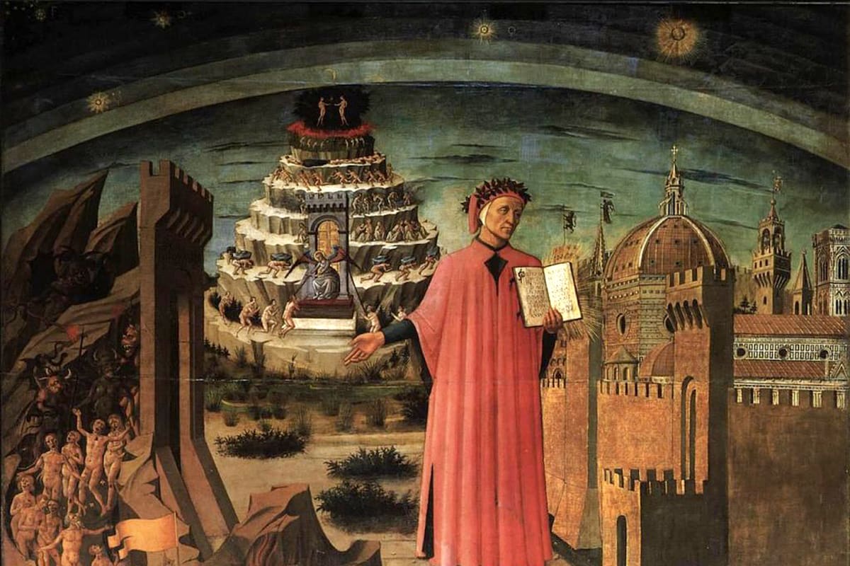 "Retrato de Dante con la ciudad de Florencia y alegoría de la Divina Comedia", fresco de Domenico di Michelino