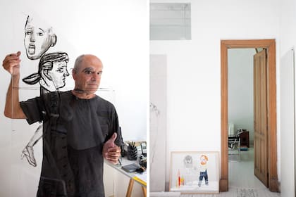 Juego de perspectivas: Pat detrás de su obra “Mirando a través de su mirada”. En la foto de la derecha, la puerta que va del taller al living.