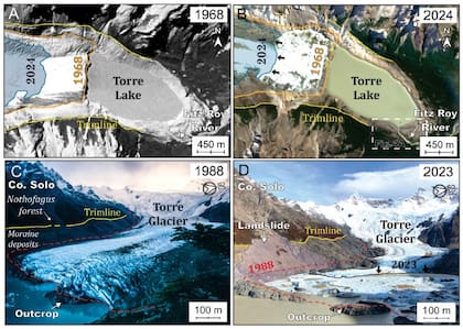 Retroceso del glaciar Torre y sus efectos en el aumento del volumen del lago y del descubrimiento de las laderas