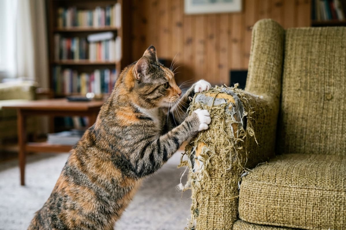Revelan el motivo por el que los gatos rompen los muebles del hogar: cómo evitarlo (Imagen ilustrativa generada con IA)