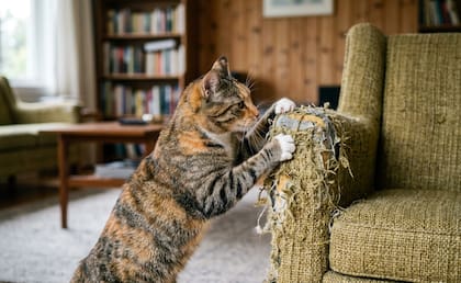 Revelan el motivo por el que los gatos rompen los muebles del hogar: cómo evitarlo (Imagen ilustrativa generada con IA)