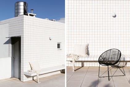 Revestimiento de azulejo blanco 10x10cm (Acuarela) con junta gruesa para acentuar el efecto cuadriculado. Piso (Quadri).