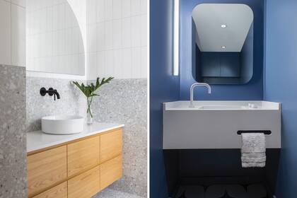 Revestimiento de pared en porcelanatos blanco (Carabath) y Sant’Agostino’ (SBG). Espejo (Vetromile Vidrios), canillas (Ponthus), bacha (Pringles), mesada de Silestone (Canteras del Mundo). Mueble de MDF enchapado (Ideï Arquitectura).