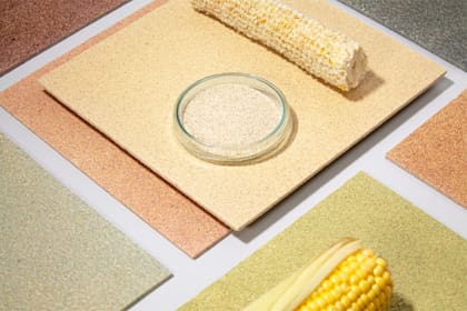 Revestimientos CornWall® producidos a partir de residuos agrícolas regionales, como corazones de mazorca de maíz. El material es 100% biobasado, biodegradable y libre de emisiones, pensado para interiores verticales. Actualmente se encuentra en etapa de experimentación