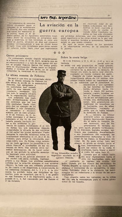 Revista del Aeroclub Argentino que recupera una comunicación oficial de la Primera Guerra Mundial y relata la hazaña de Almonacid en Ostende, Bélgica (Foto: Walter Bentacor)