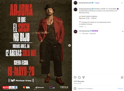 Ricardo Arjona aceptó dar un show más y rompió el récord del Movistar Arena