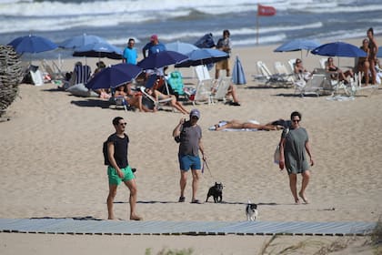 Ricardo Darín junto a su esposa y su hijo, Chino, llegando a la playa con los perros de la familia