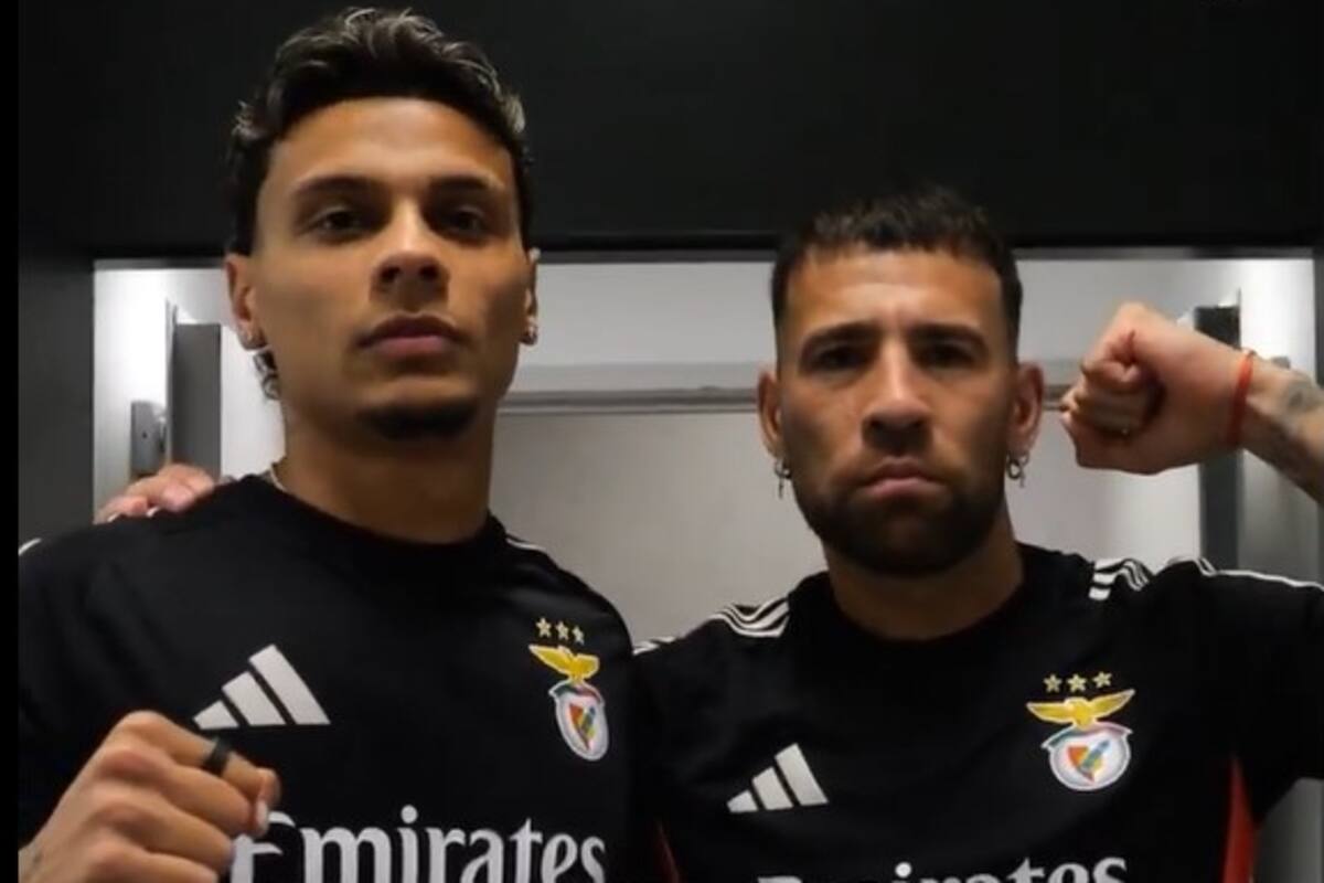 Richard Ríos junto a Nicolás Otamendi, en el particular video que hizo Benfica para presentar al colombiano que discutió con el argentino tras el último enfrentamiento en eliminatorias