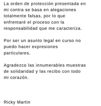Ricky Martin dio un comunicado luego de que se diera a conocer la orden de alejamiento en su contra