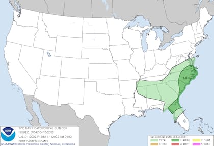 Riesgo marginal de tormentas severas en el sureste (Carolinas, Georgia y norte de Florida) este viernes 11 de abril, con posibilidad de granizo y ráfagas dañinas