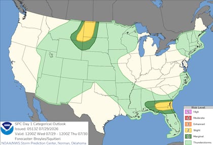 Rige un Nivel 2 de 5 de clima severo para el sur de Georgia y el norte de Florida, con amenaza de ráfagas destructivas por la tarde