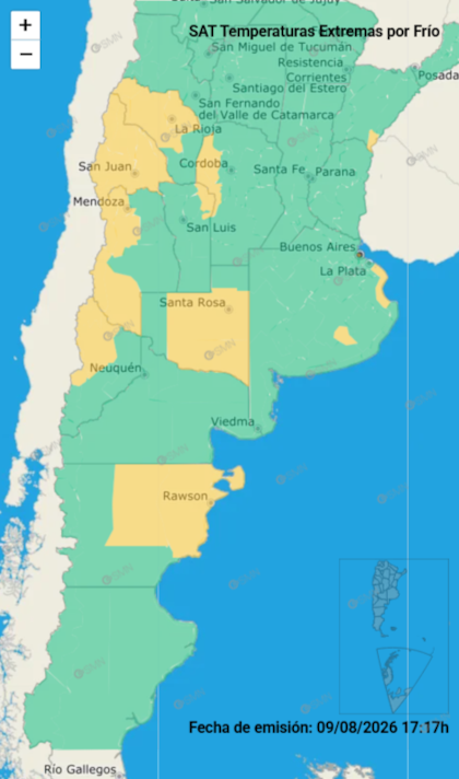 Rige una alerta amarilla por frío extremo en varias provincias del país