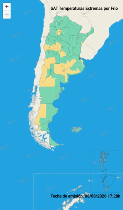 Rigen una alerta amarilla por frío extremo en varias provincias del país