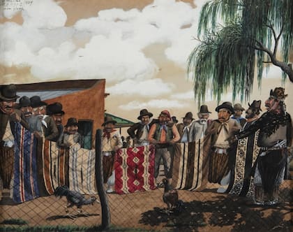 Riña de gallos (1939), témpera sobre cartón de Florencio Molina Campos, exhibida en Roldán Moderno