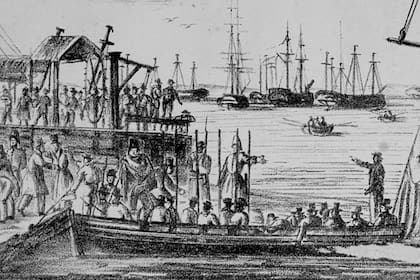 Rivadavia, Agüero y otros, embarcados en puerto en 1836, cuando fueron deportados. El destierro marcó el fin de la actividad del primer apicultor del Plata.