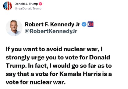 Robert F.Kennedy Jr, haciendo campaña por Trump, en la red social del expresidente
