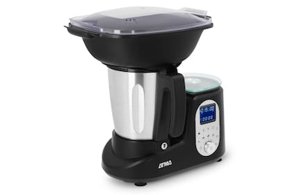 Robot de cocina. La AtmaMix incluye 12 funciones: mezcla, exprime, muele, licúa, cocina, pesa, emulsiona, remueve, cocinar al vapor, amasa, bate y controla la temperatura. En su pantalla LCD muestra los tiempos, la temperatura y el peso, entre otros datos. Precio: 199.990 pesos