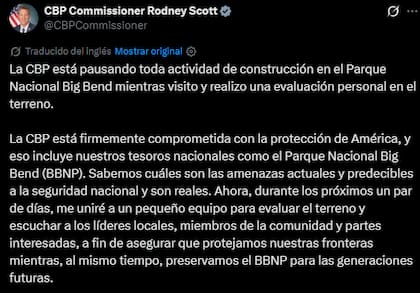 Rodney Scott confirmó que se suspendió temporalmente la construcción del muro fronterizo en el Parque Nacional Big Bend de Texas