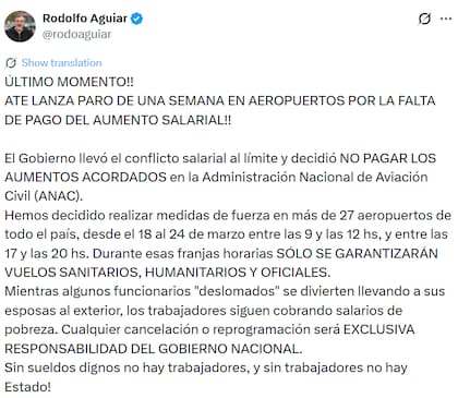 Rodolfo Aguiar anunció el esquema del paro de ATE en los aeropuertos (X: @rodoaguiar)