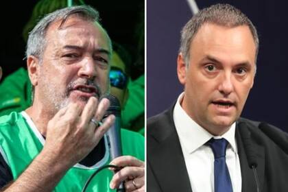 Rodolfo Aguiar, secretario general de ATE (Asociación Trabajadores del Estado) Nacional junto al vocero presidencial Manuel Adorni