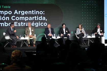 Rodolfo de Felipe, presidente de LIDE Argentina, Nicolás Pino, presidente de la Rural; Carlos Castagnani, de CRA; Lucas Magnano, de Coninagro; Andrea Sarnari, de FAA, y Marcelo Torres, presidente de Aapresid, que fue el moderador del panel