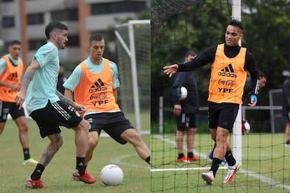 Rodrigo De Paul, Giovani Lo Celso y Lautaro Martínez, en el entrenamiento de este lunes de la Selección Argentina en Venezuela
