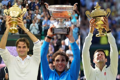 Roger Federer, Rafael Nadal y Novak Djokovic, los tres máximos ganadores de Grand Slams de la historia