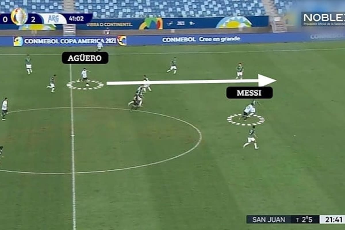 Roles invertidos: Agüero lanzando como 10 y Messi picando y definiendo como 9 ante Bolivia en la Copa América