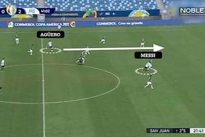Roles invertidos: Agüero lanzando como 10 y Messi picando y definiendo como 9 ante Bolivia en la Copa América
